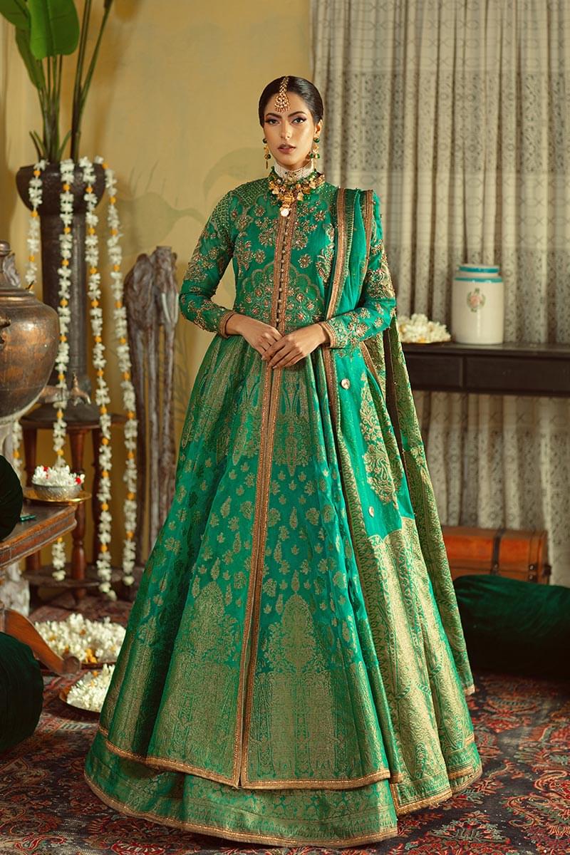 Emerald Green Zardozi Jamawar Lehenga (3-Piece) - Image 5