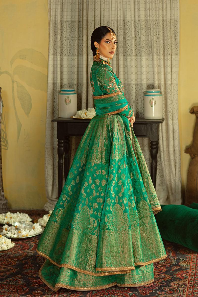 Emerald Green Zardozi Jamawar Lehenga (3-Piece) - Image 6