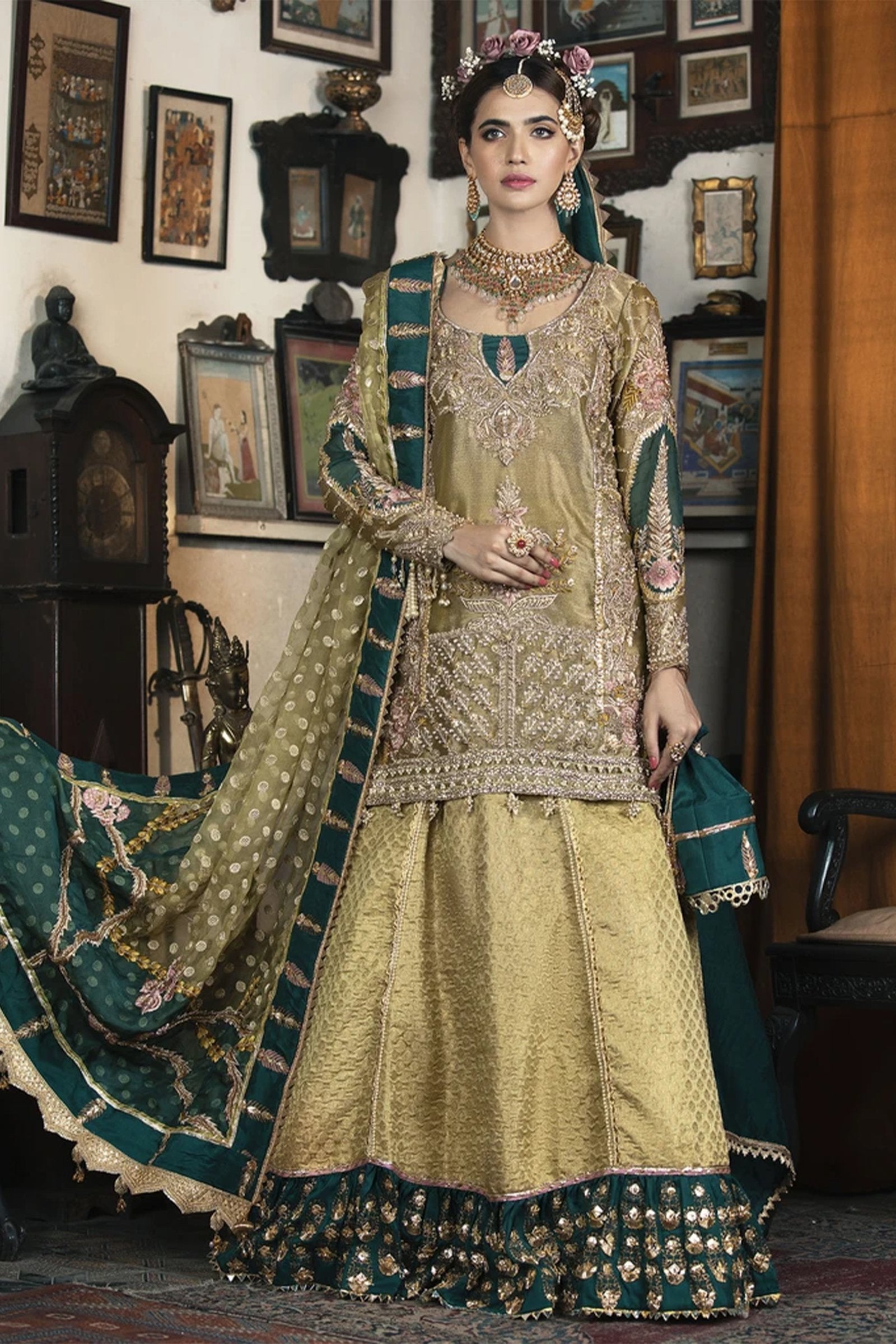 Pakistani Light Green-Lemon Embroidered Jamawar Lehenga (3-Piece) - Image 1