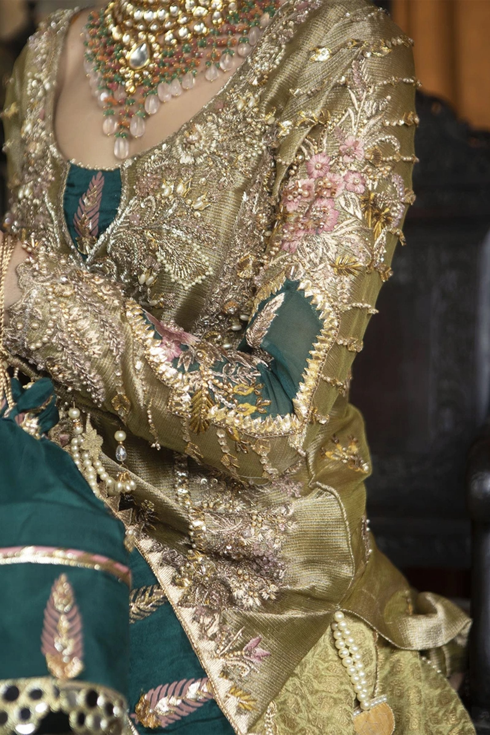 Pakistani Light Green-Lemon Embroidered Jamawar Lehenga (3-Piece) - Image 2