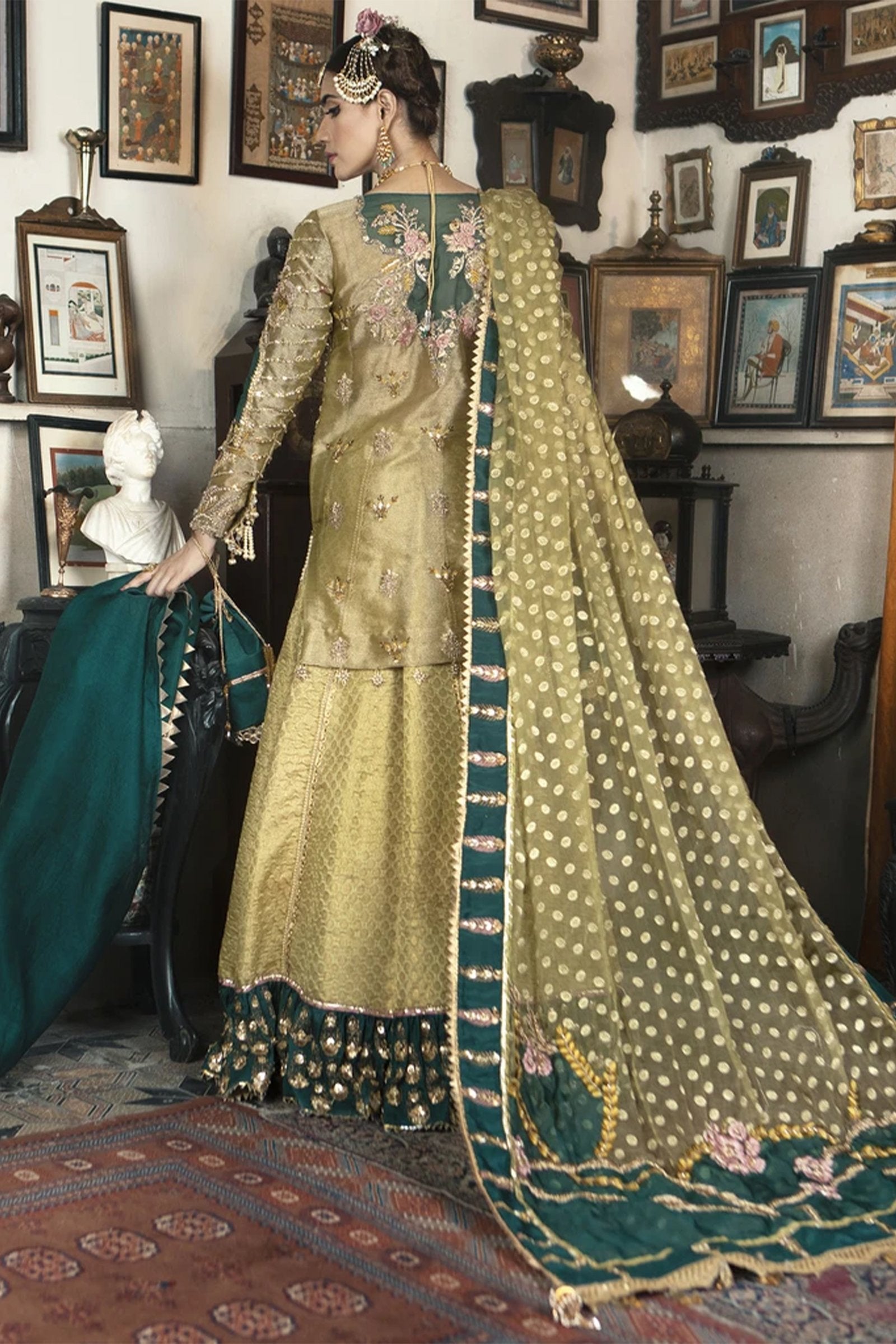 Pakistani Light Green-Lemon Embroidered Jamawar Lehenga (3-Piece) - Image 3