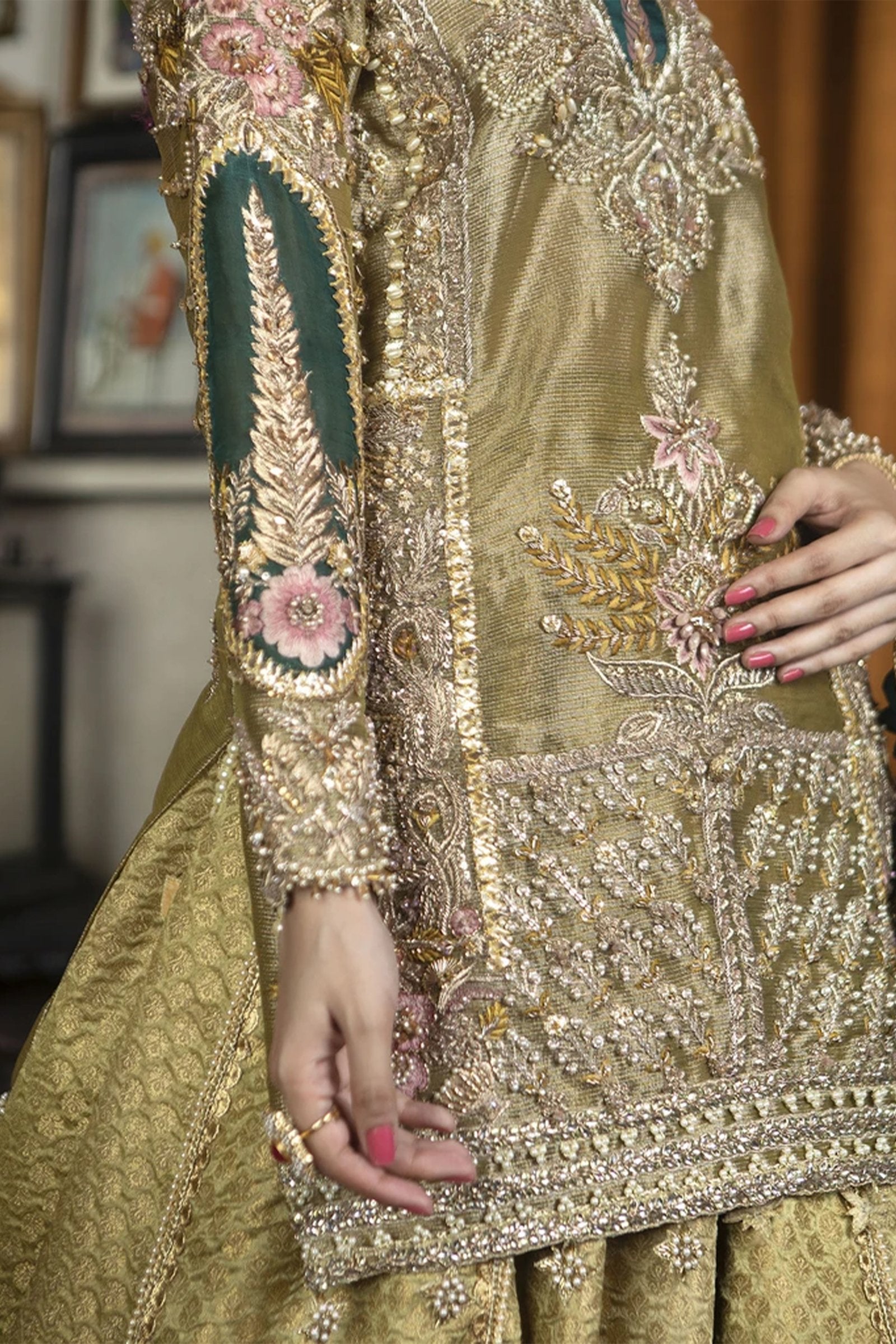 Pakistani Light Green-Lemon Embroidered Jamawar Lehenga (3-Piece) - Image 4