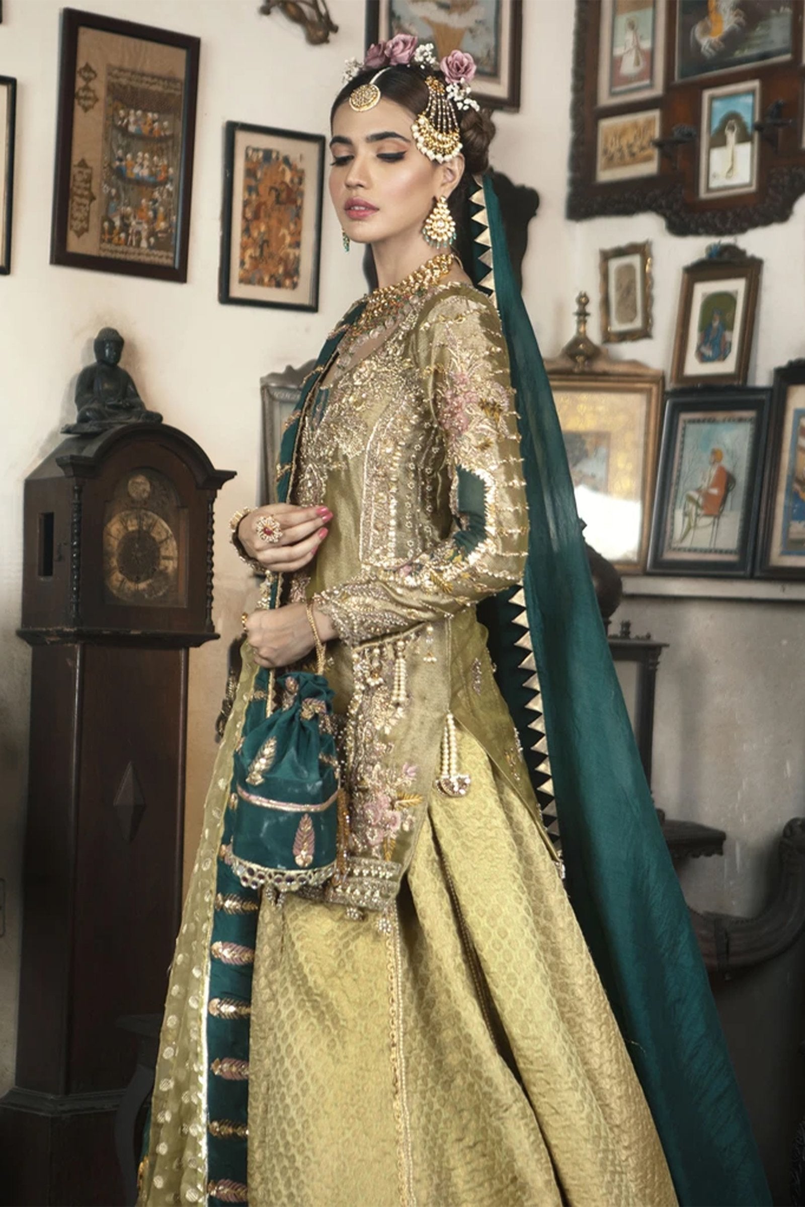 Pakistani Light Green-Lemon Embroidered Jamawar Lehenga (3-Piece) - Image 5