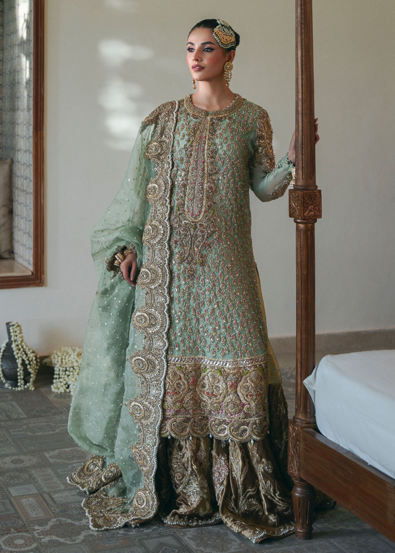 Sage Green Embroidered Organza & Kamkhaab Bridal Farshi (3-Piece) - Image 1