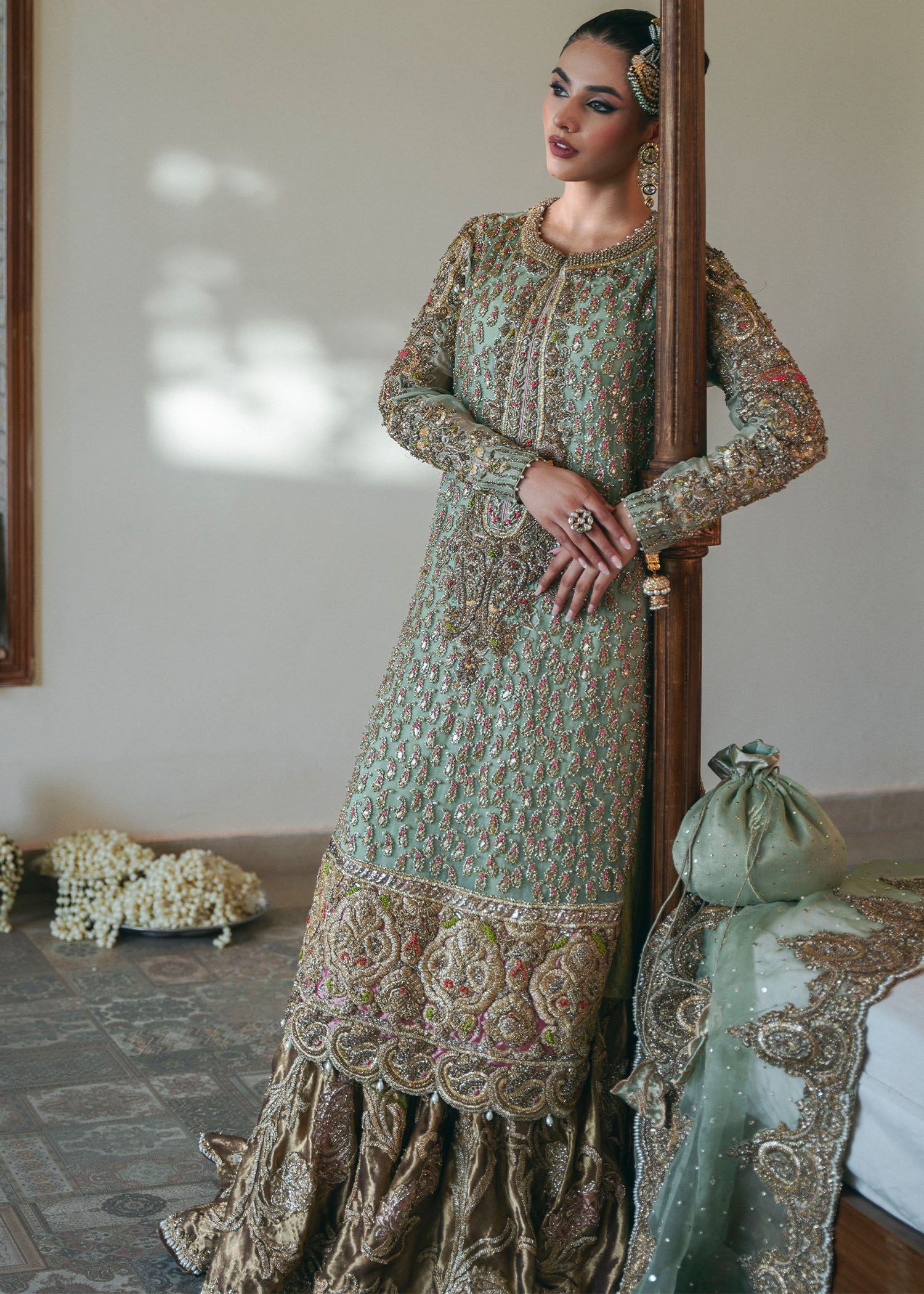 Sage Green Embroidered Organza & Kamkhaab Bridal Farshi (3-Piece) - Image 10