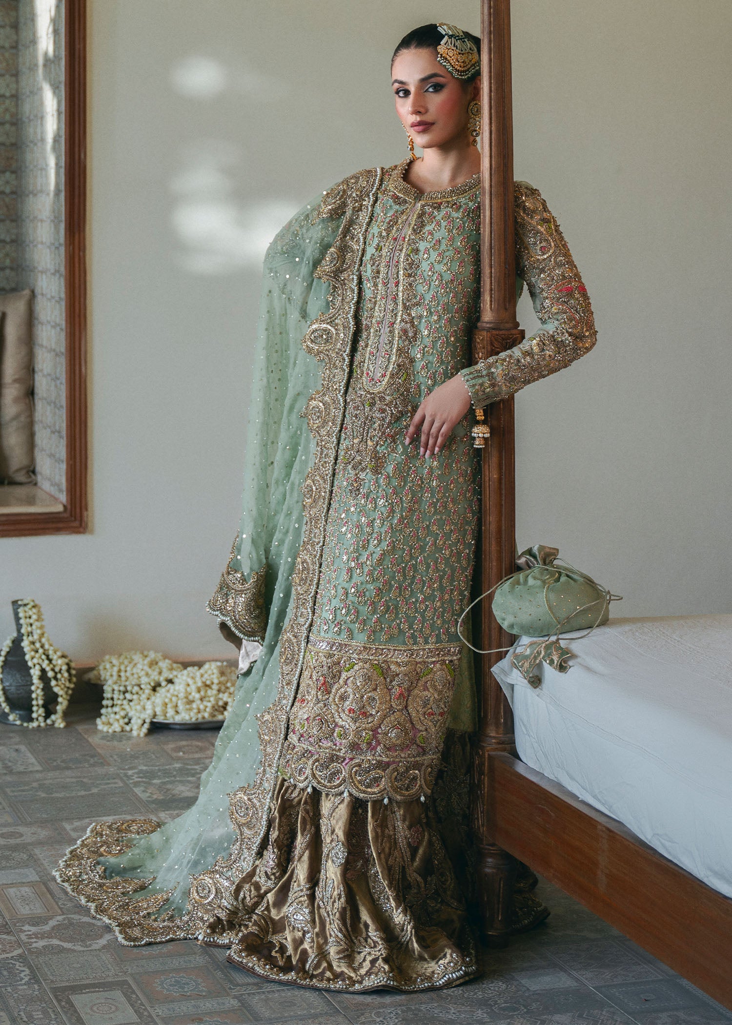 Sage Green Embroidered Organza & Kamkhaab Bridal Farshi (3-Piece) - Image 11