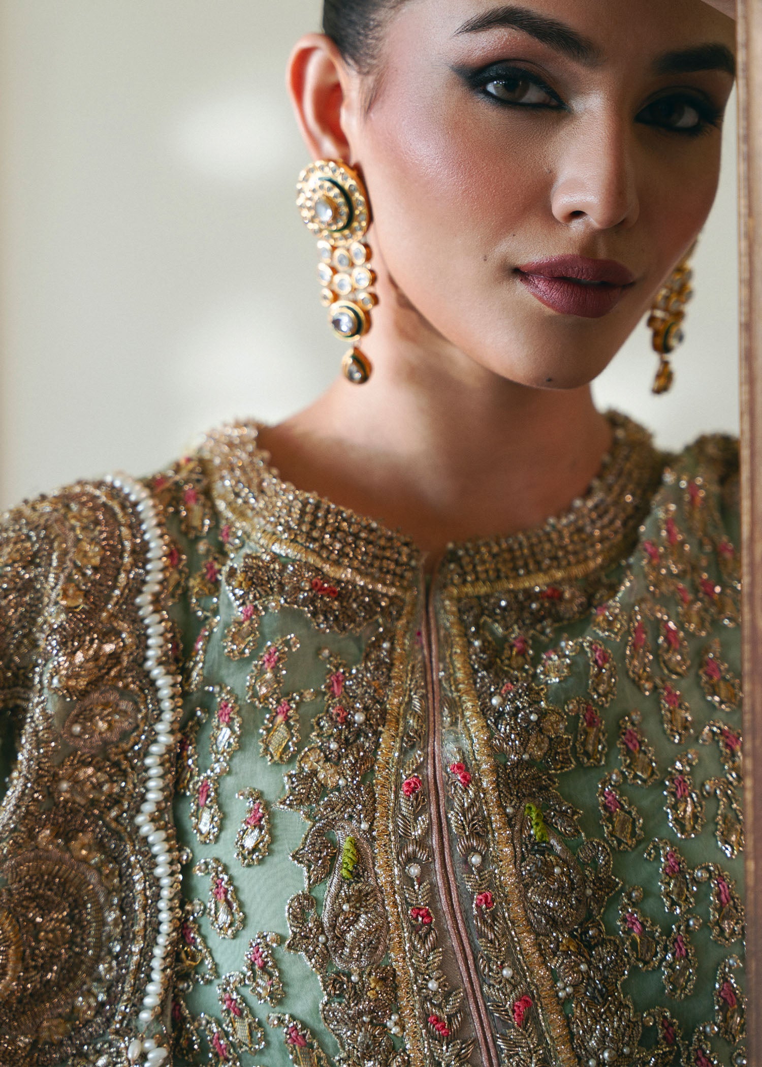 Sage Green Embroidered Organza & Kamkhaab Bridal Farshi (3-Piece) - Image 3