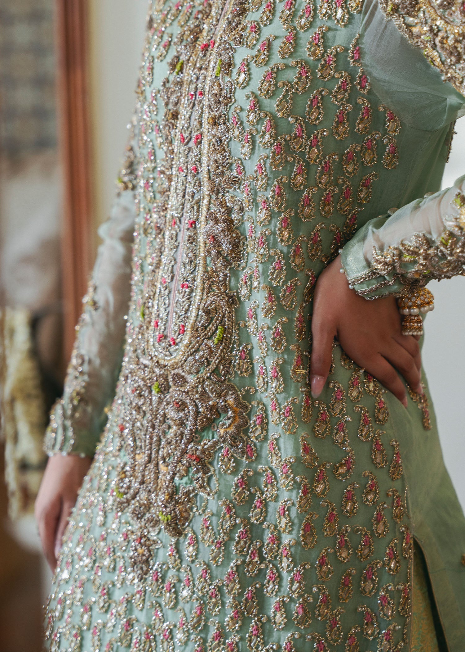 Sage Green Embroidered Organza & Kamkhaab Bridal Farshi (3-Piece) - Image 4