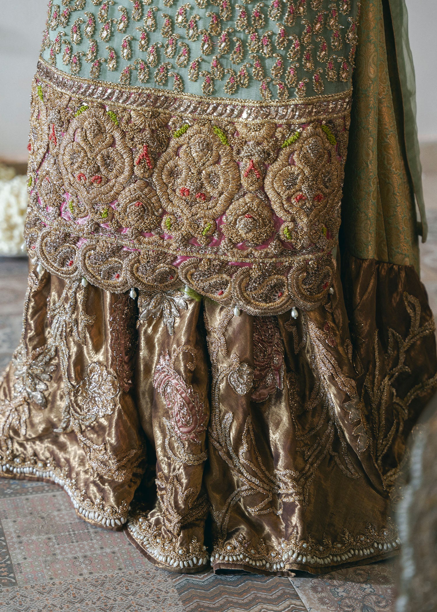 Sage Green Embroidered Organza & Kamkhaab Bridal Farshi (3-Piece) - Image 5