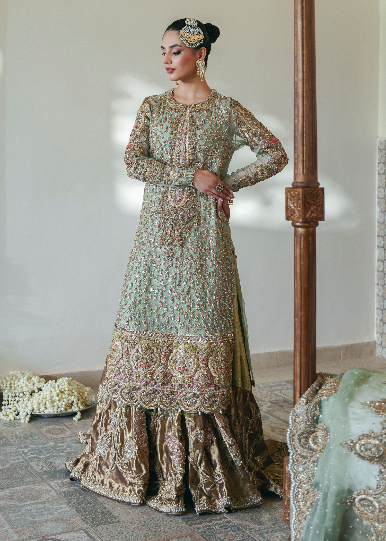 Sage Green Embroidered Organza & Kamkhaab Bridal Farshi (3-Piece) - Image 6