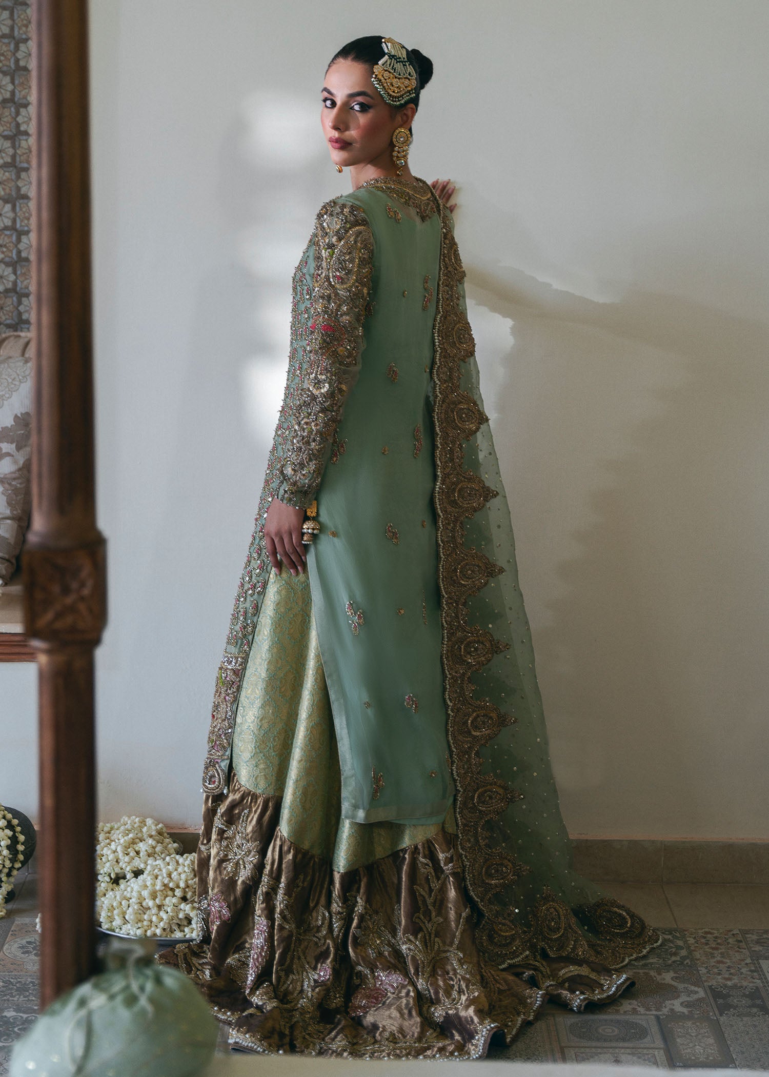 Sage Green Embroidered Organza & Kamkhaab Bridal Farshi (3-Piece) - Image 7
