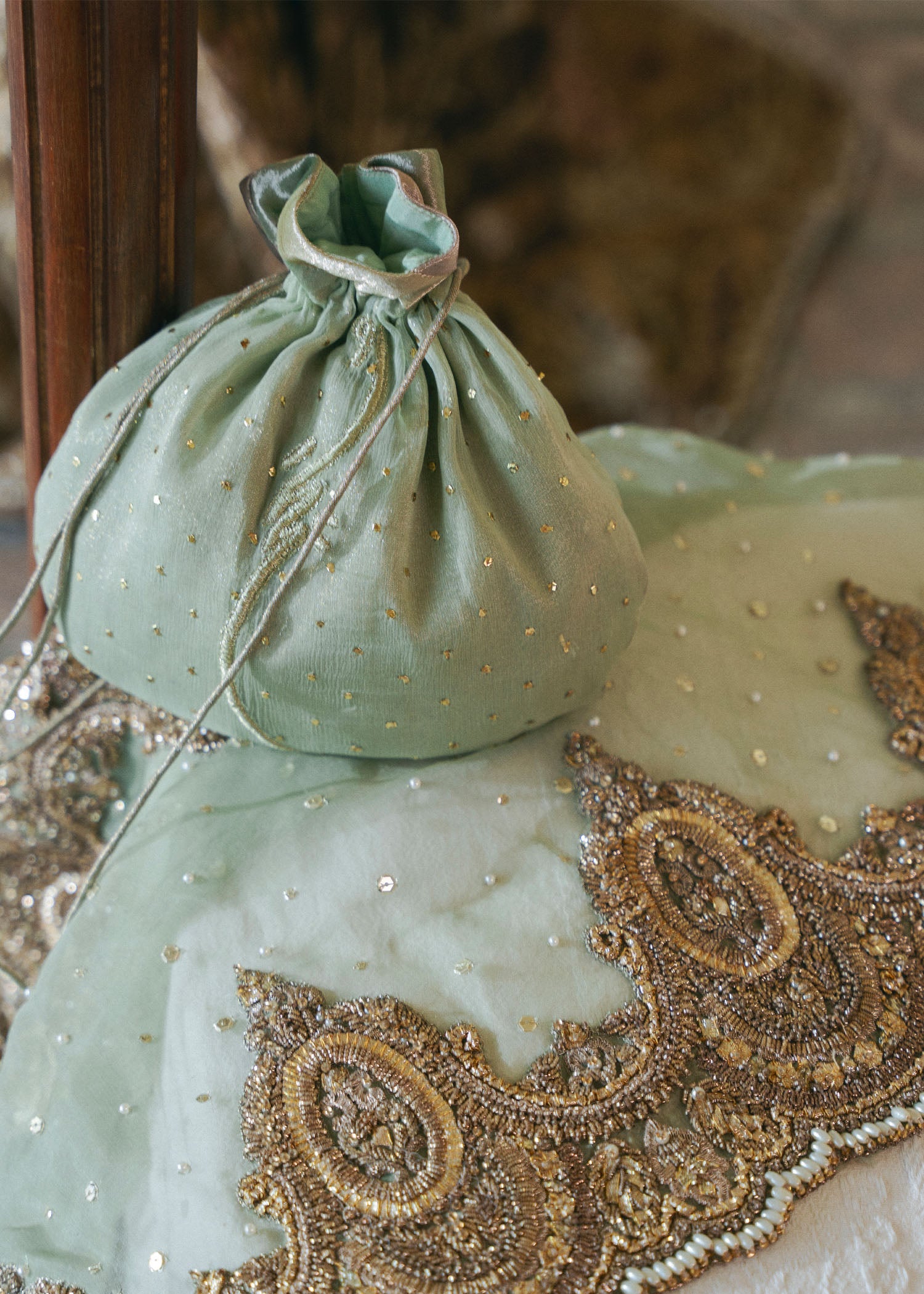 Sage Green Embroidered Organza & Kamkhaab Bridal Farshi (3-Piece) - Image 8