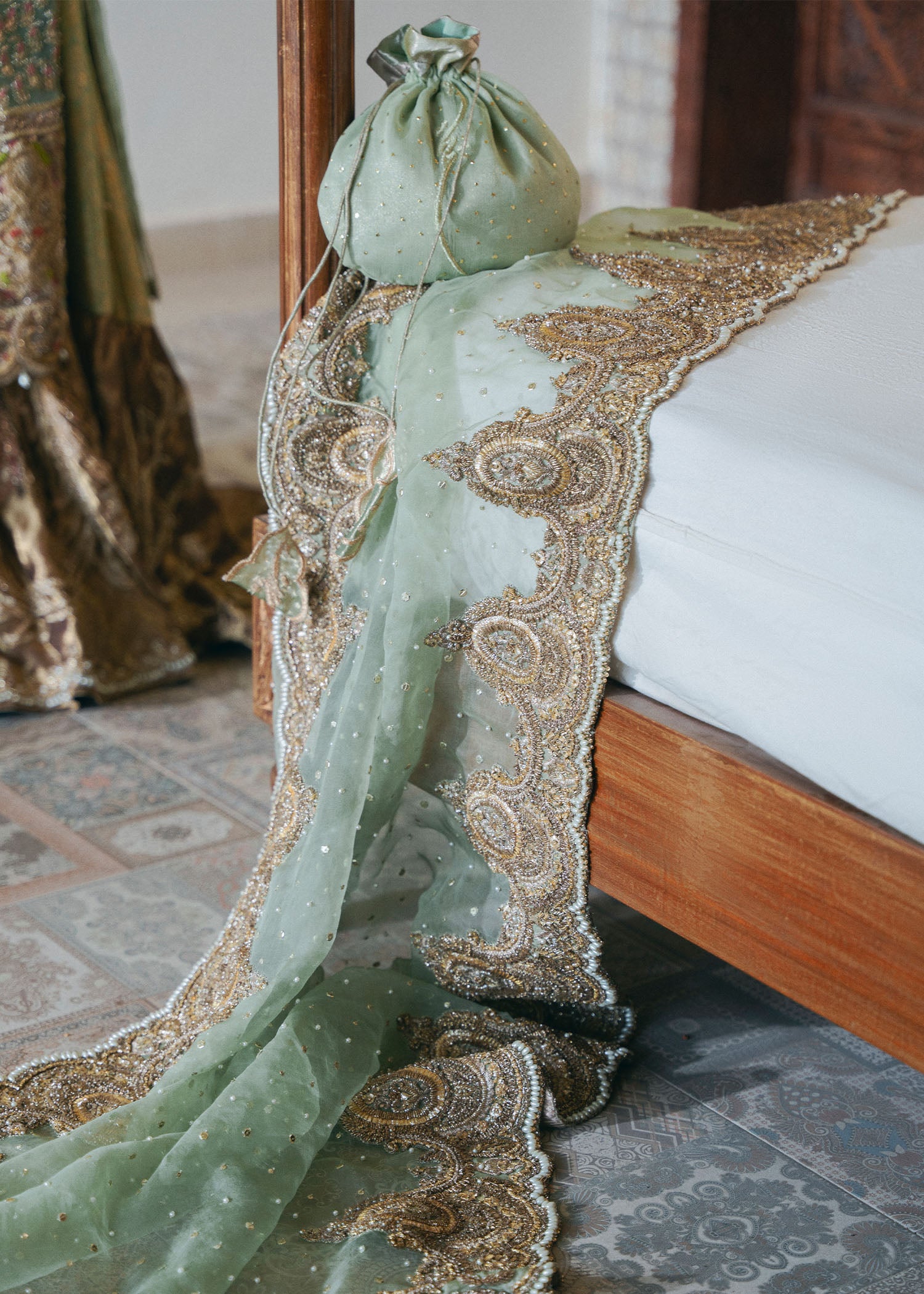 Sage Green Embroidered Organza & Kamkhaab Bridal Farshi (3-Piece) - Image 9