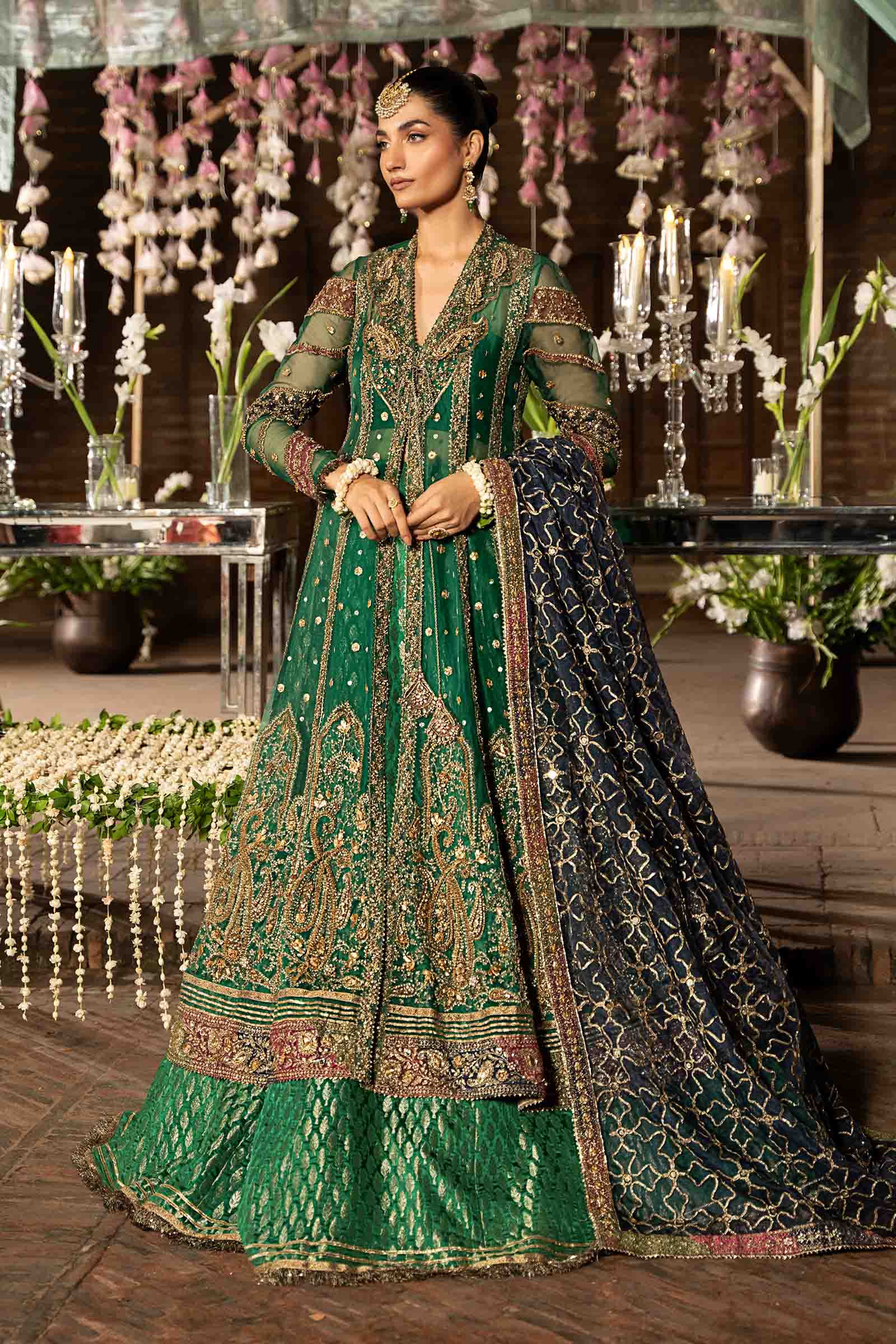 Pakistani Emerald Green Embroidered Organza Frock with Kamkhwab Lehenga (3-Piece) - Image 1