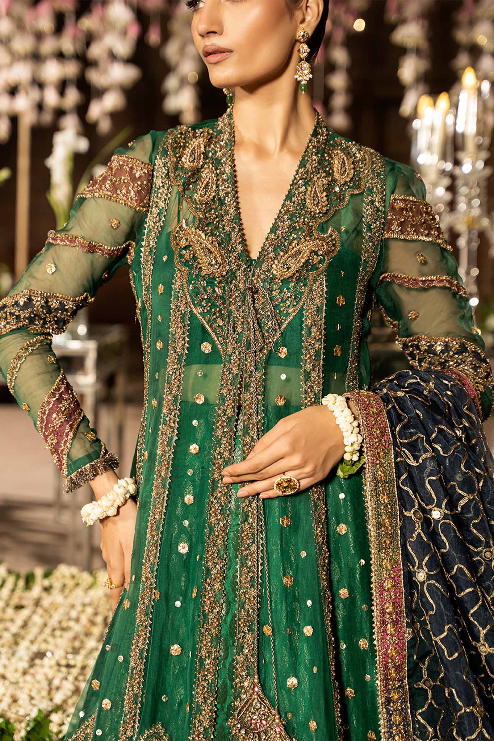 Pakistani Emerald Green Embroidered Organza Frock with Kamkhwab Lehenga (3-Piece) - Image 3
