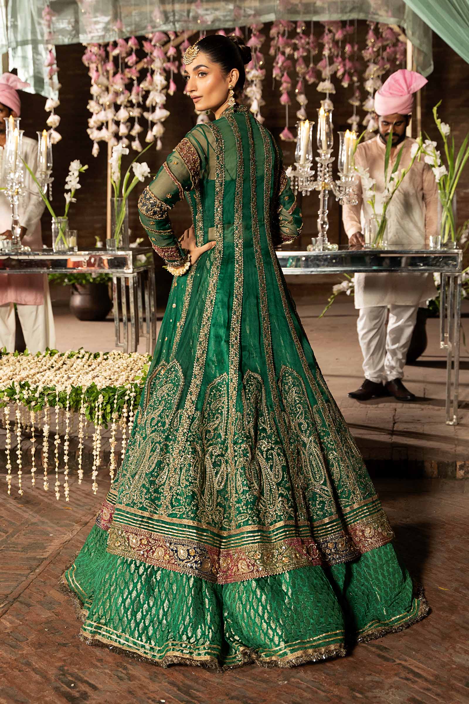 Pakistani Emerald Green Embroidered Organza Frock with Kamkhwab Lehenga (3-Piece) - Image 6