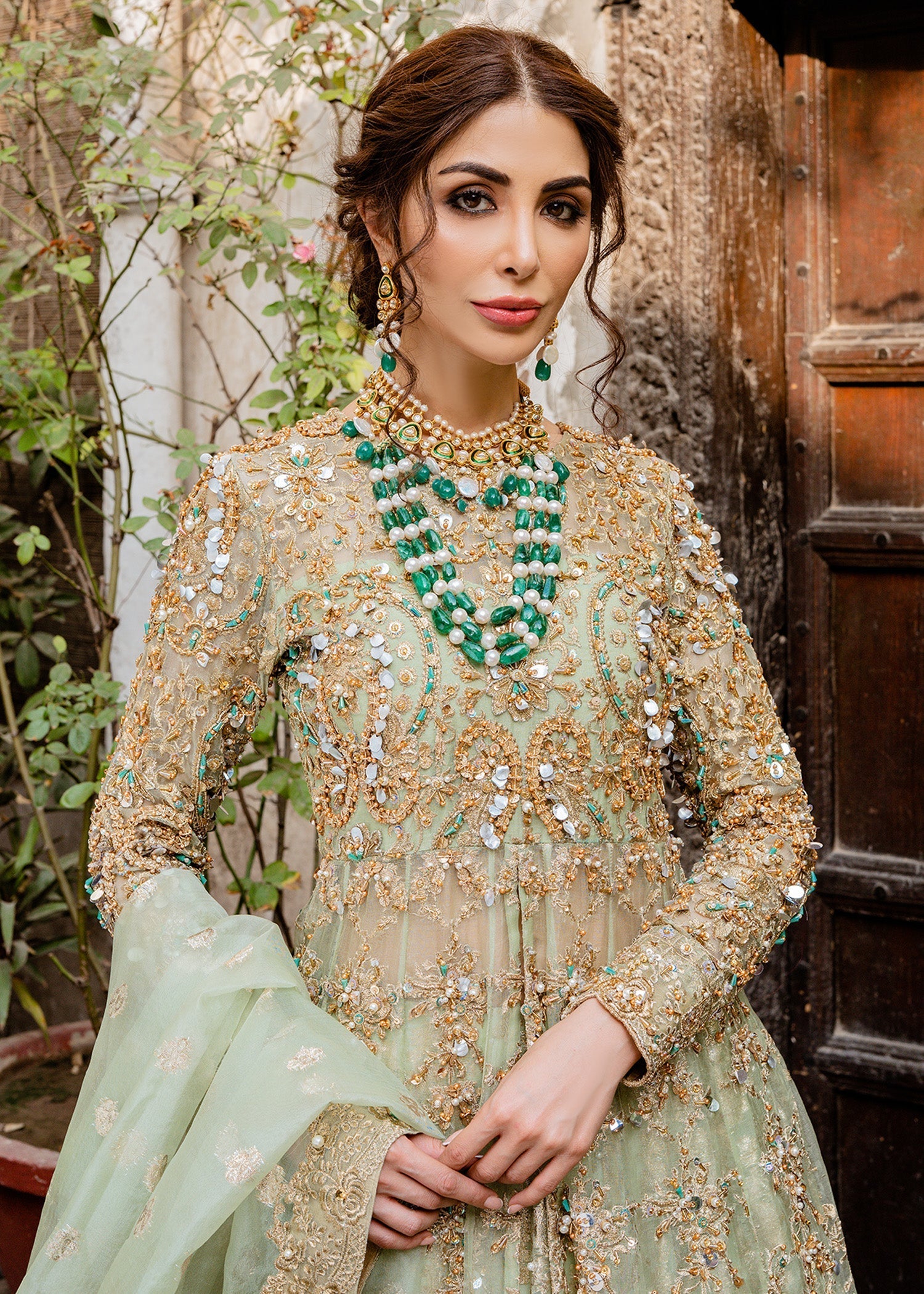 Pakistani Mint Green Hand-Embellished Kathan Organza Lehenga (3-Piece) - Image 2