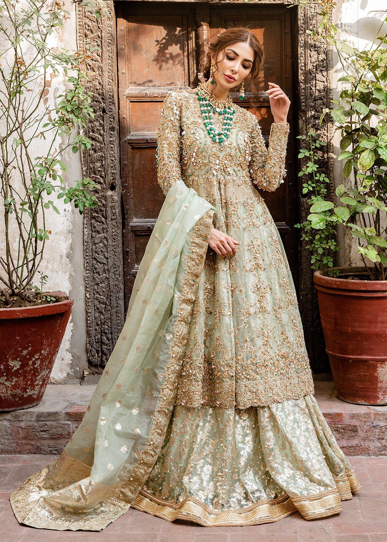 Pakistani Mint Green Hand-Embellished Kathan Organza Lehenga (3-Piece) - Image 7