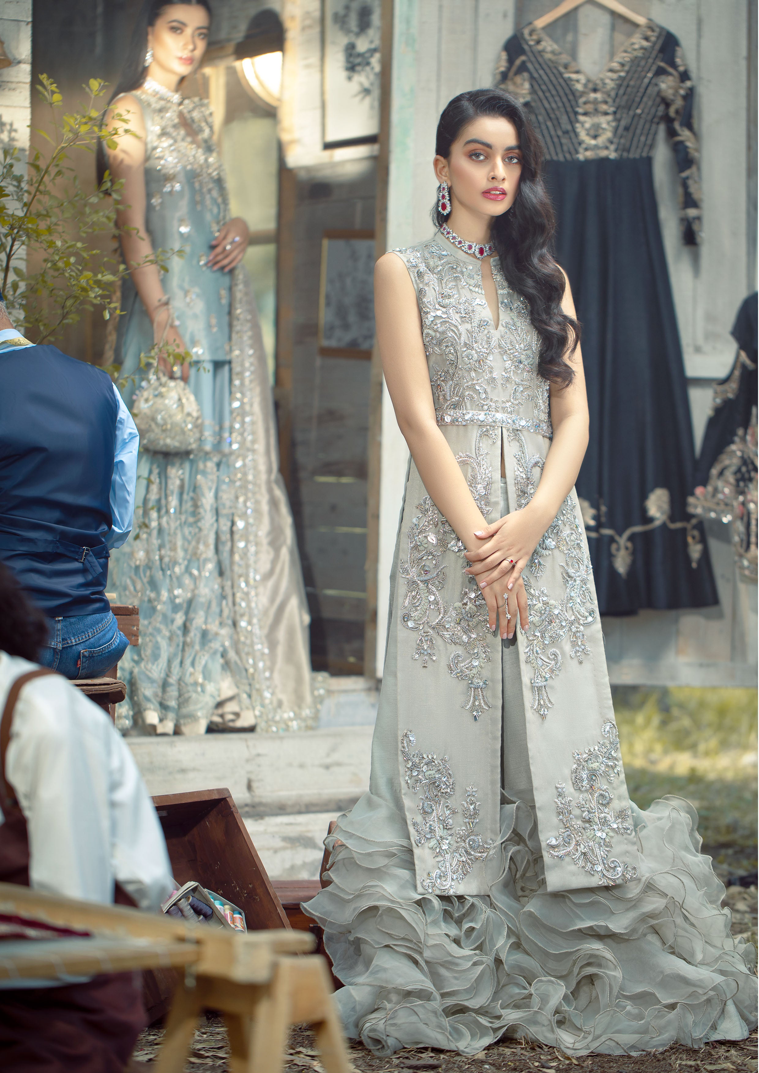 Pastel Seafoam Hand-Embellished Khaadi Net Jacket & Skirt (2-Piece) - Image 3