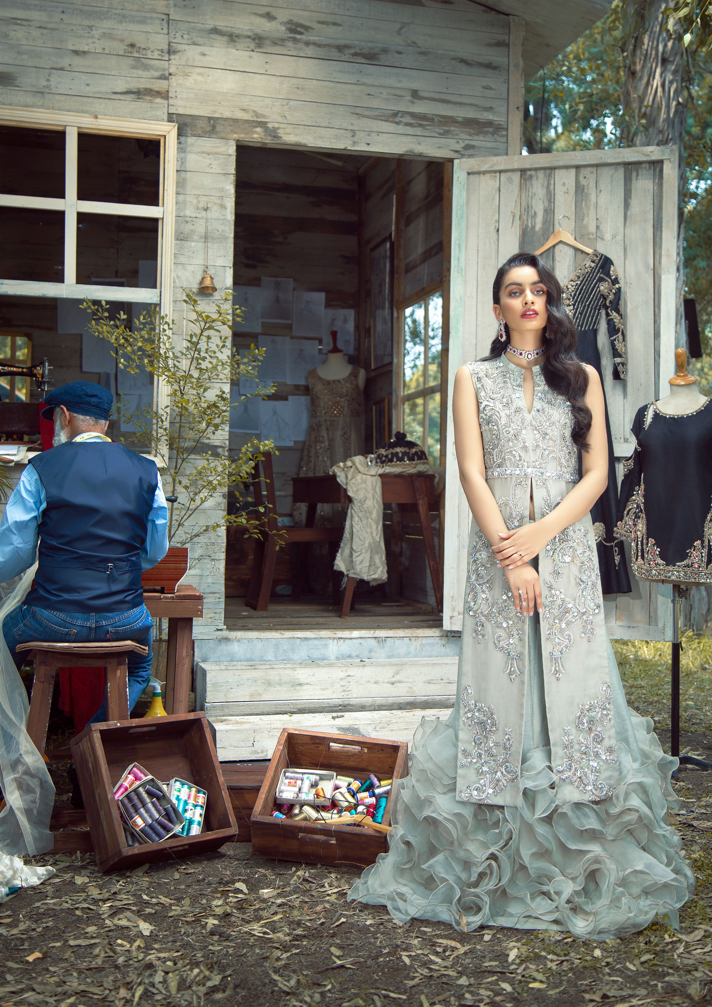 Pastel Seafoam Hand-Embellished Khaadi Net Jacket & Skirt (2-Piece) - Image 4