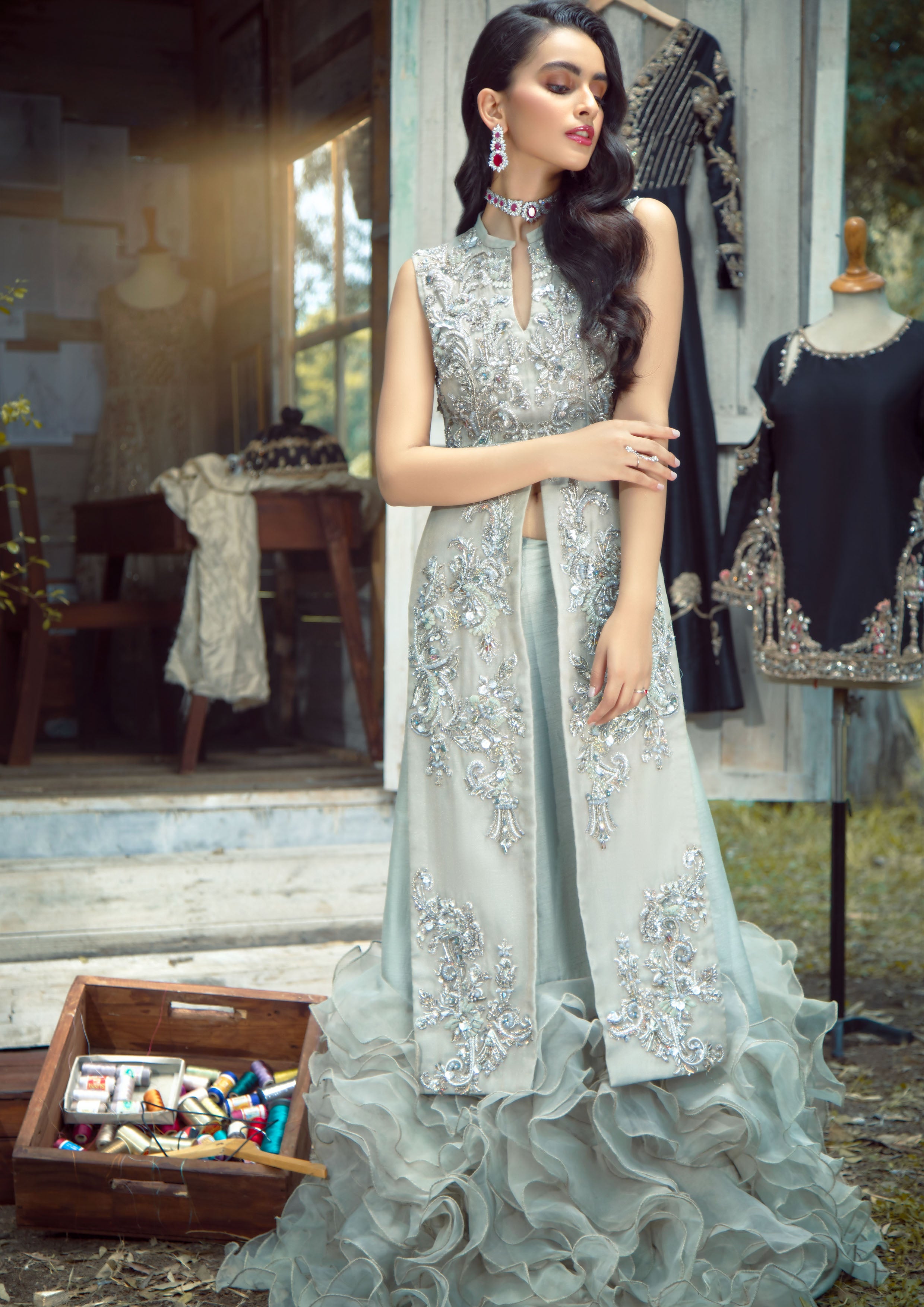 Pakistani Pastel Seafoam Embellished Khaadi Net Jacket Lehenga (2-Piece) - Image 1