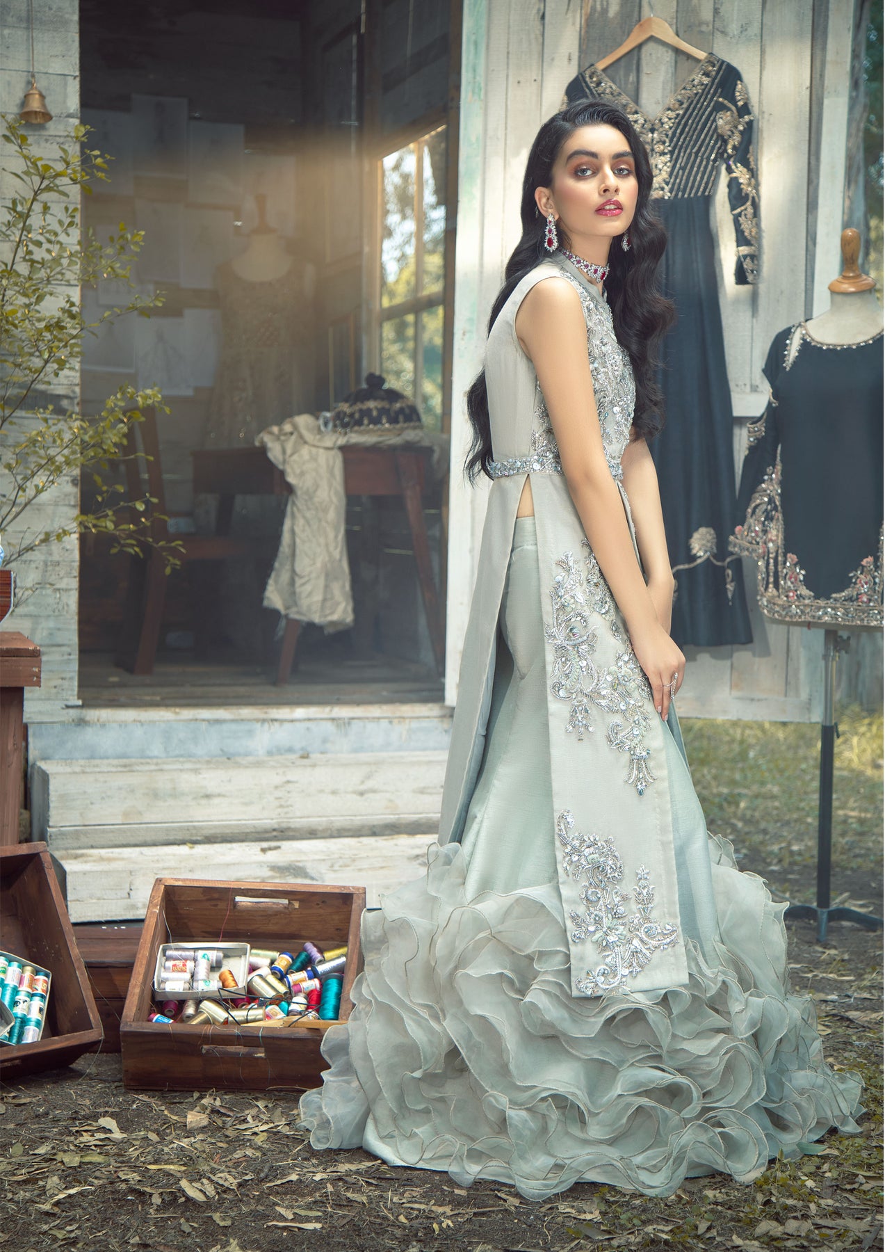 Pakistani Pastel Seafoam Embellished Khaadi Net Jacket Lehenga (2-Piece) - Image 3