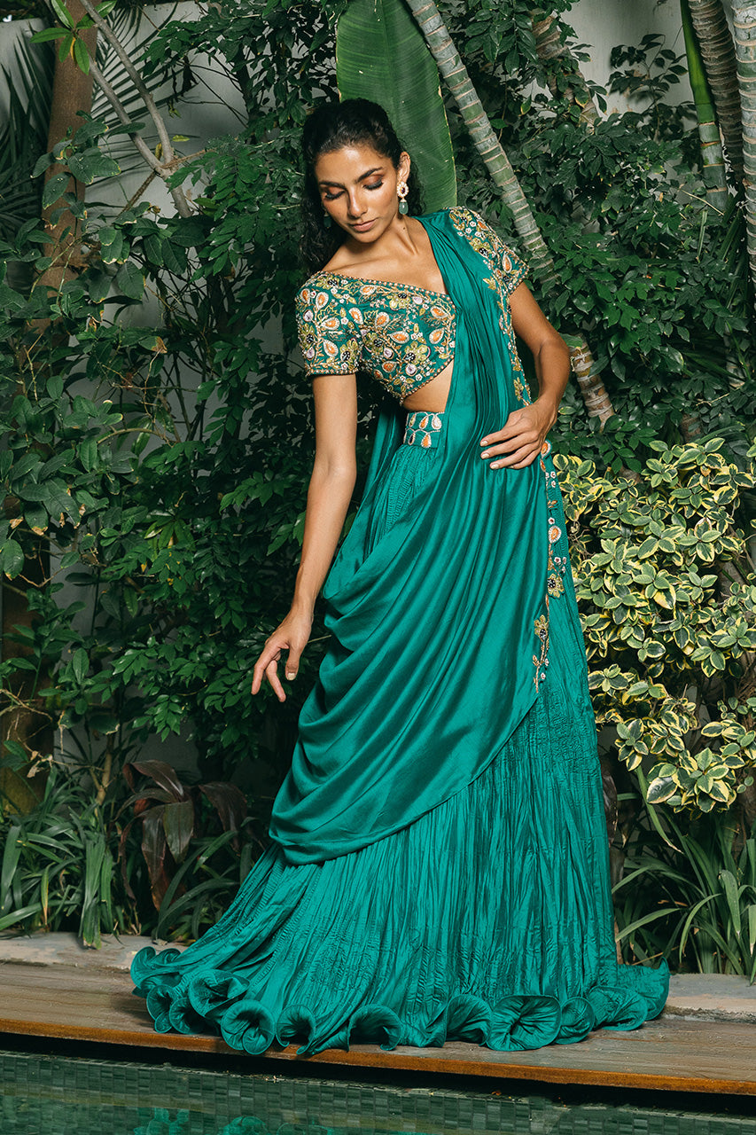 Emerald Zardozi Khaddi Silk Lehenga Set (3-Piece) - Image 1