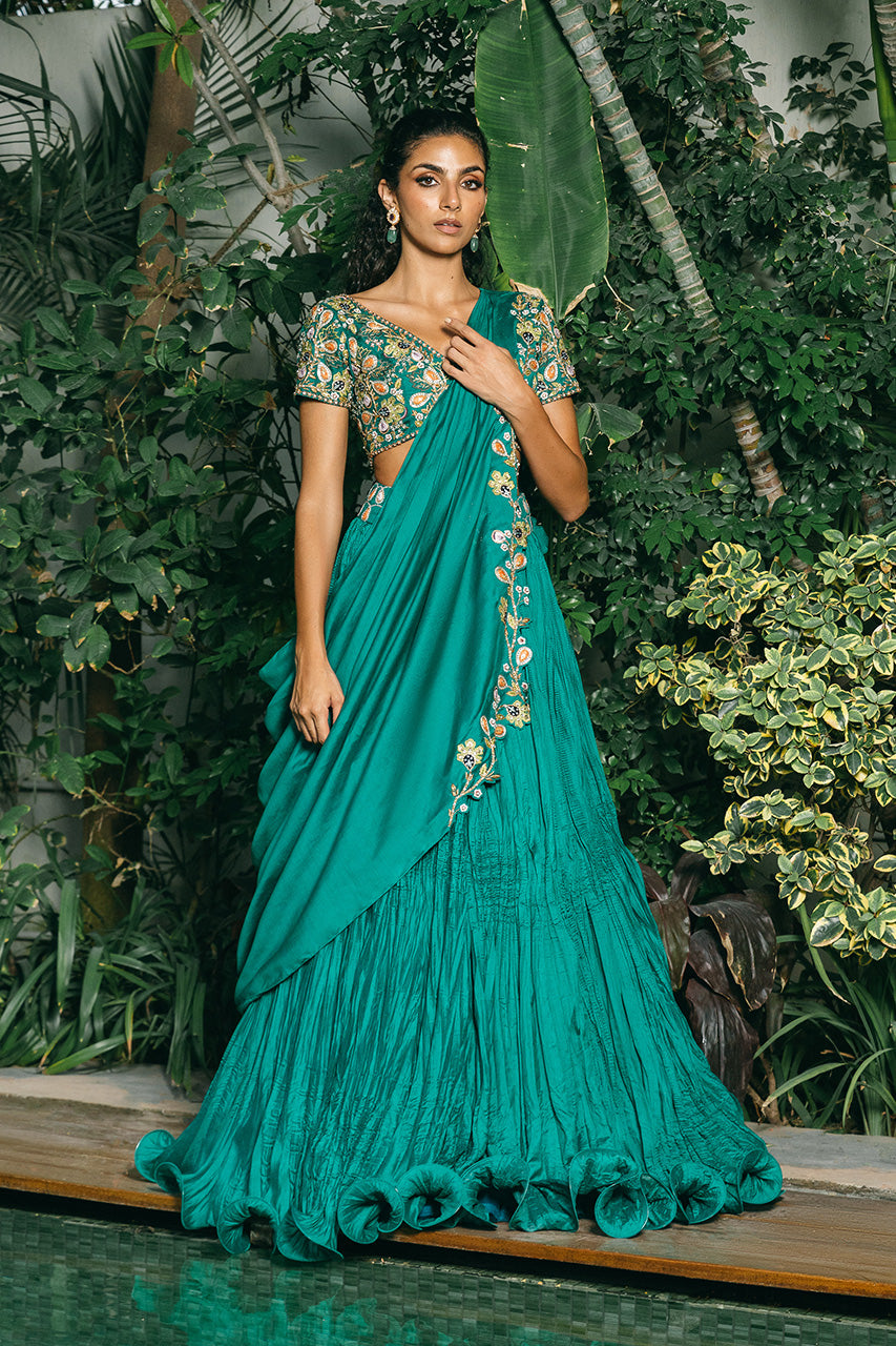 Emerald Zardozi Khaddi Silk Lehenga Set (3-Piece) - Image 2
