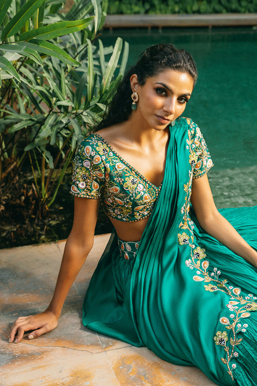 Emerald Zardozi Khaddi Silk Lehenga Set (3-Piece) - Image 4