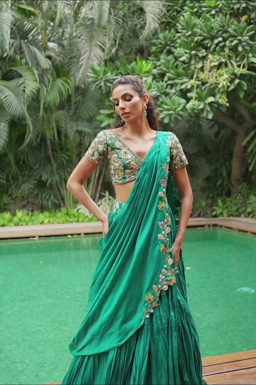 Emerald Zardozi Khaddi Silk Lehenga Set (3-Piece) - Image 5