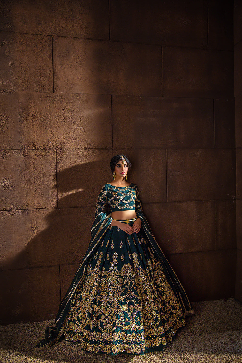 Dark Green Embroidered Korean Raw Silk Lehnga Choli (3-Piece) - Image 4