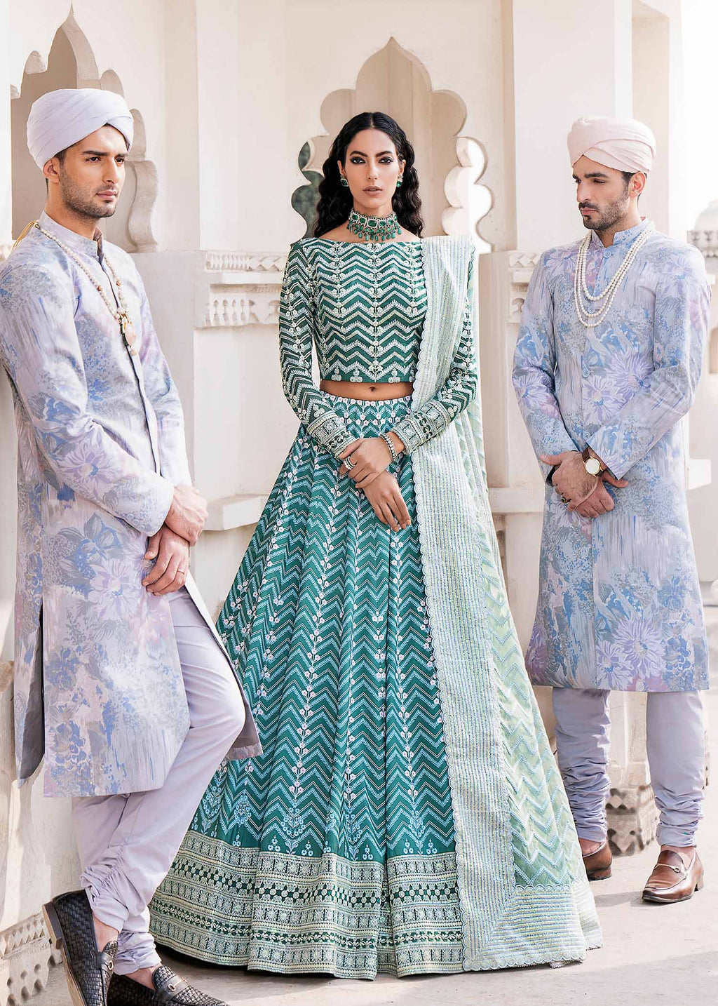 Sea Green Embroidered Korean Raw Silk Lehenga (3-Piece) - Image 1