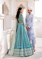Sea Green Embroidered Korean Raw Silk Lehenga (3-Piece) - Image 4