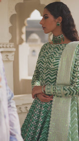 Sea Green Embroidered Korean Raw Silk Lehenga (3-Piece) - Image 6