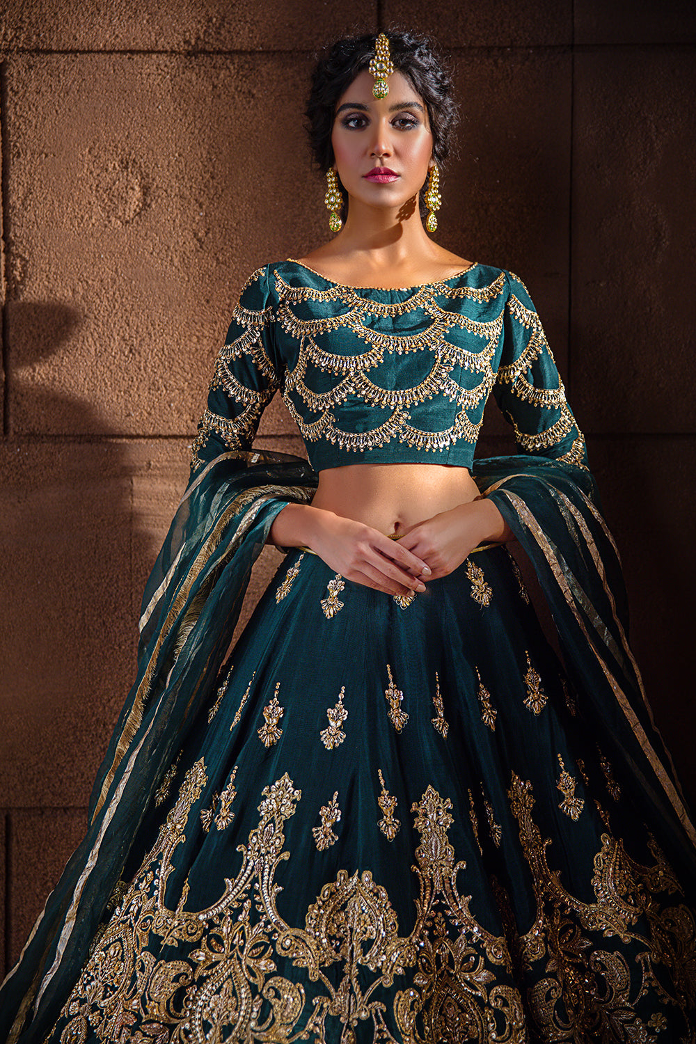 Dark Green Embellished Korean Raw Silk Lehnga Choli (3-Piece) - Image 1