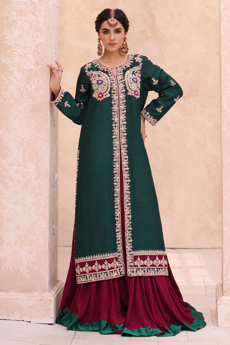 Pakistani Deep Green Zardozi Silk Jacket & Magenta Lehenga (2-Piece) - Image 1