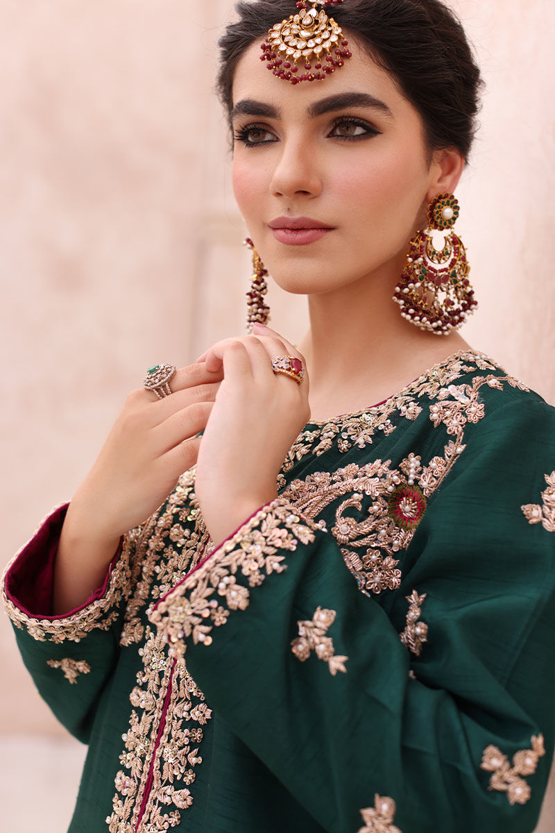 Pakistani Deep Green Zardozi Silk Jacket & Magenta Lehenga (2-Piece) - Image 2