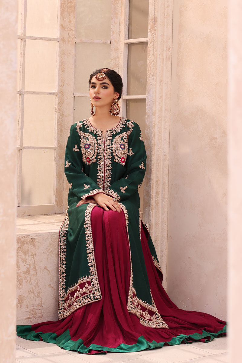 Pakistani Deep Green Zardozi Silk Jacket & Magenta Lehenga (2-Piece) - Image 3