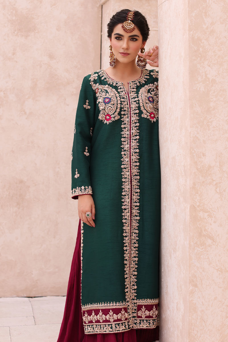 Pakistani Deep Green Zardozi Silk Jacket & Magenta Lehenga (2-Piece) - Image 4