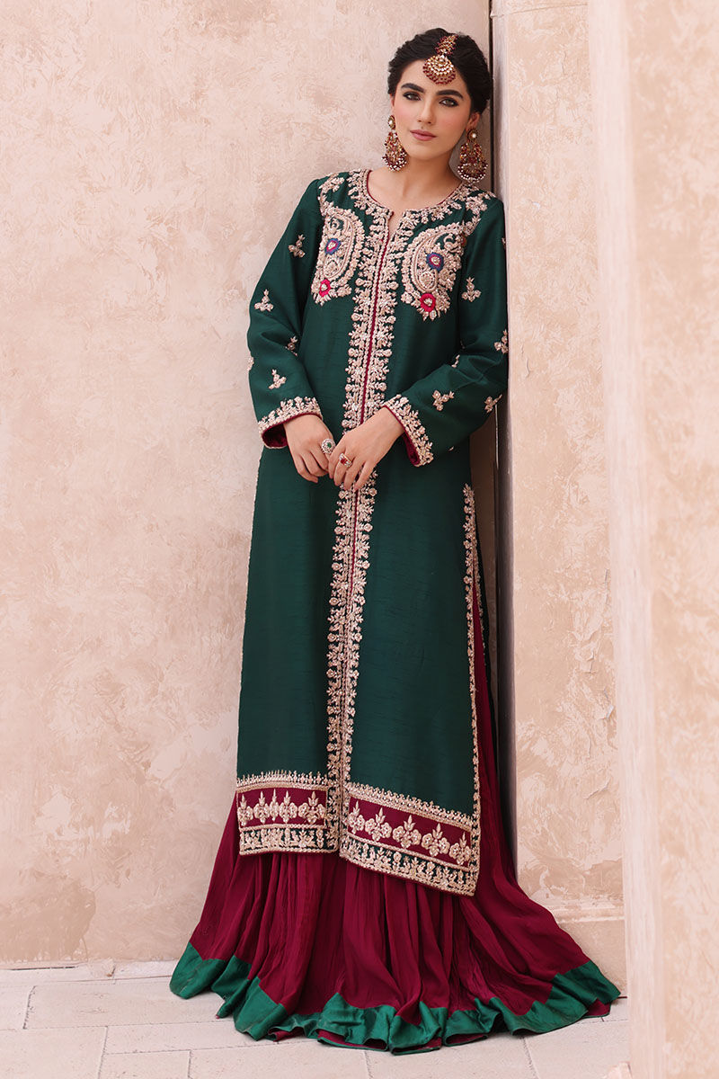 Pakistani Deep Green Zardozi Silk Jacket & Magenta Lehenga (2-Piece) - Image 5
