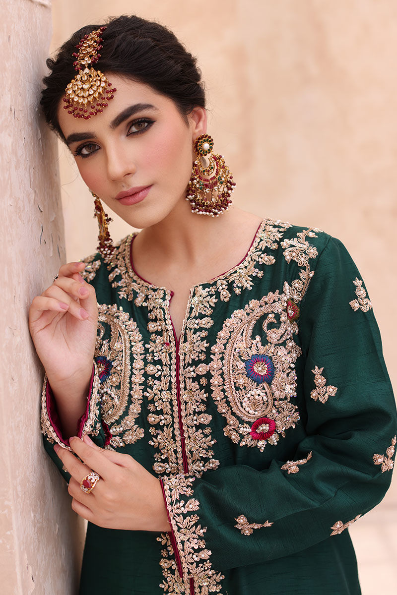 Pakistani Deep Green Zardozi Silk Jacket & Magenta Lehenga (2-Piece) - Image 6
