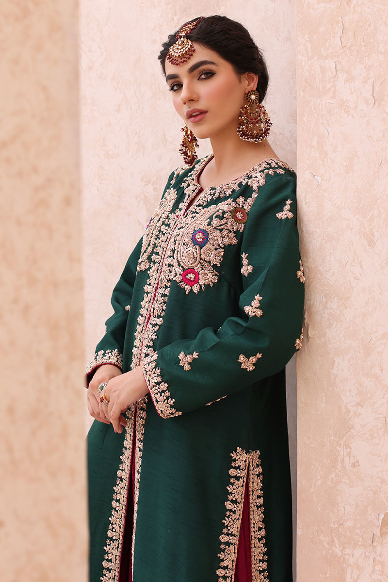 Pakistani Deep Green Zardozi Silk Jacket & Magenta Lehenga (2-Piece) - Image 7