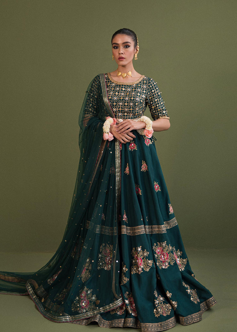 Dark Green Embellished Korean Rawsilk Lehenga Choli (3-Piece) - Image 1