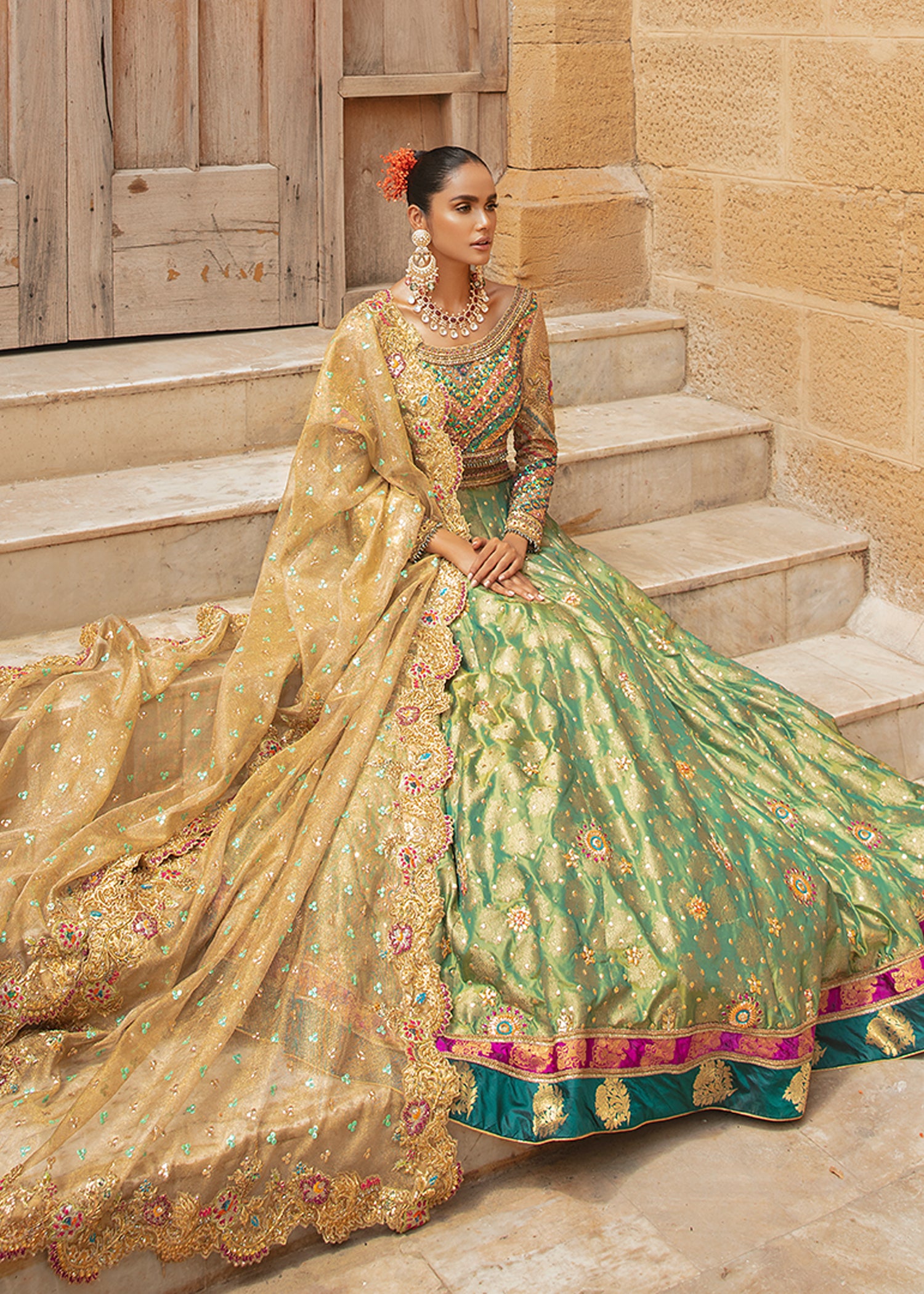 Green Swarovski & Gota Massori Brocade Lehenga Choli (3-Piece) - Image 1