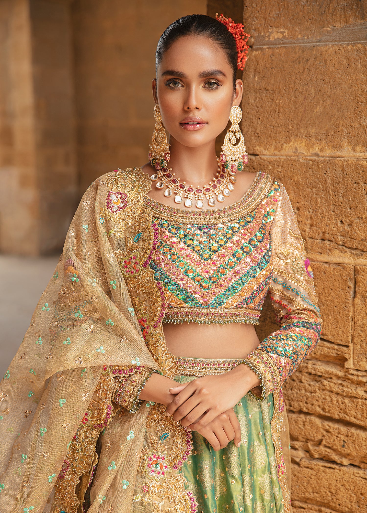 Green Swarovski & Gota Massori Brocade Lehenga Choli (3-Piece) - Image 3