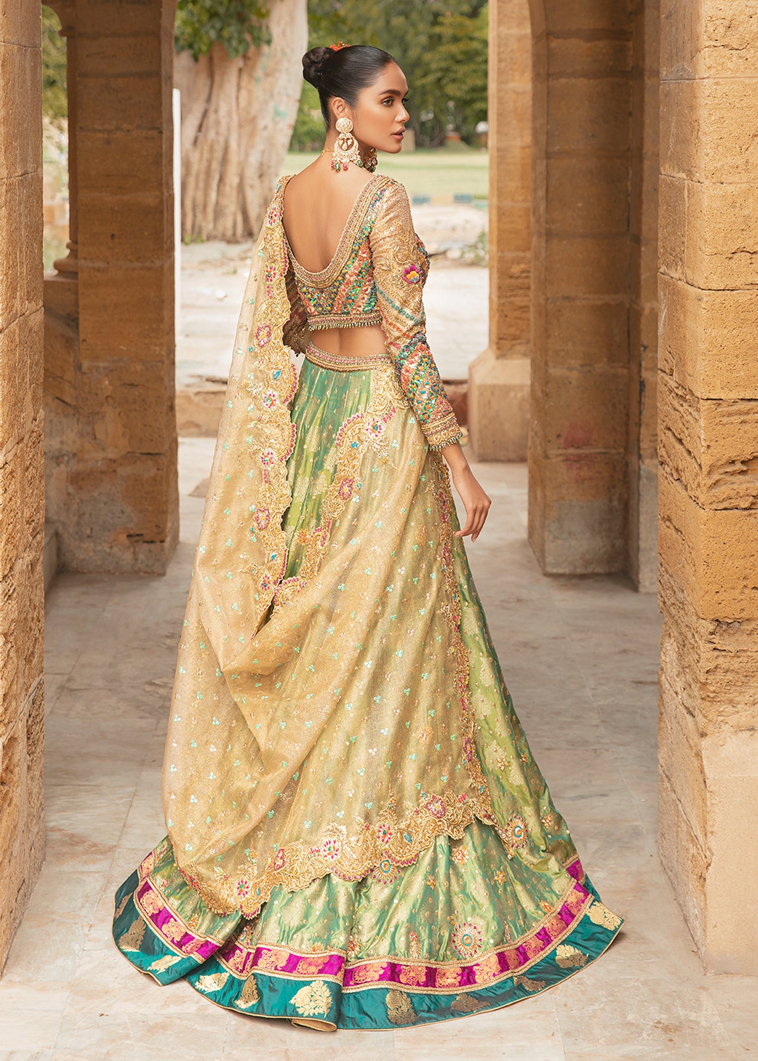 Green Swarovski & Gota Massori Brocade Lehenga Choli (3-Piece) - Image 4