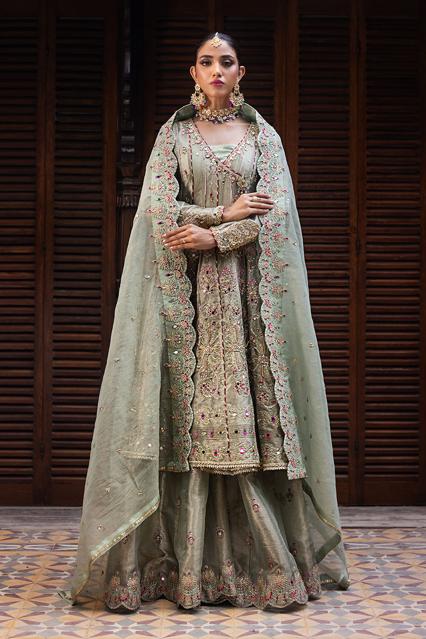 Pakistani Sage Green Embroidered Maysuri Angharka Lehenga (3-Piece) - Image 1