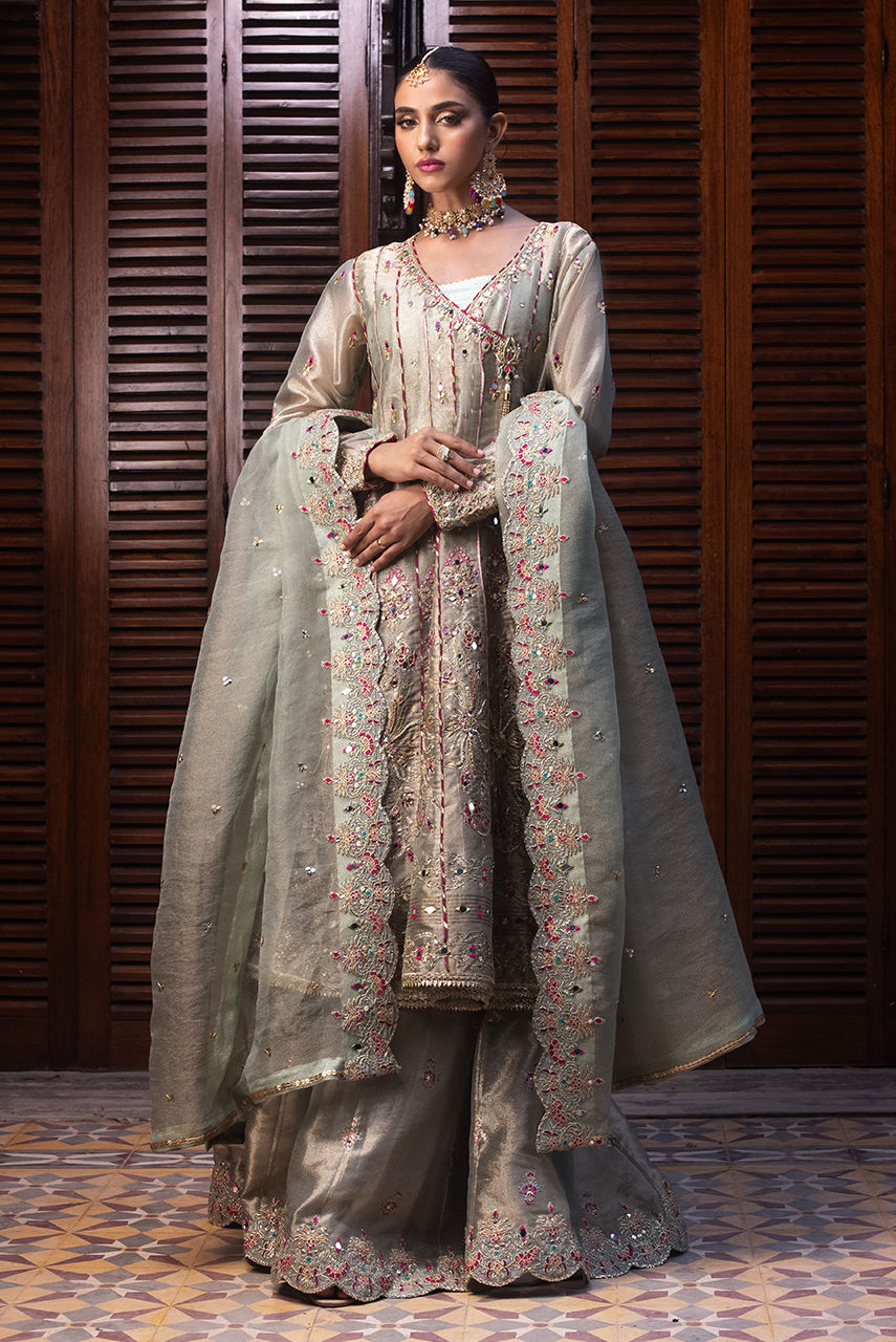 Pakistani Sage Green Embroidered Maysuri Angharka Lehenga (3-Piece) - Image 2