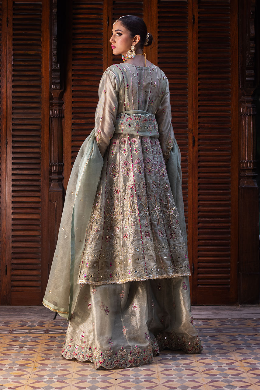 Pakistani Sage Green Embroidered Maysuri Angharka Lehenga (3-Piece) - Image 3
