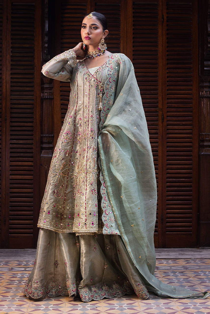 Pakistani Sage Green Embroidered Maysuri Angharka Lehenga (3-Piece) - Image 4
